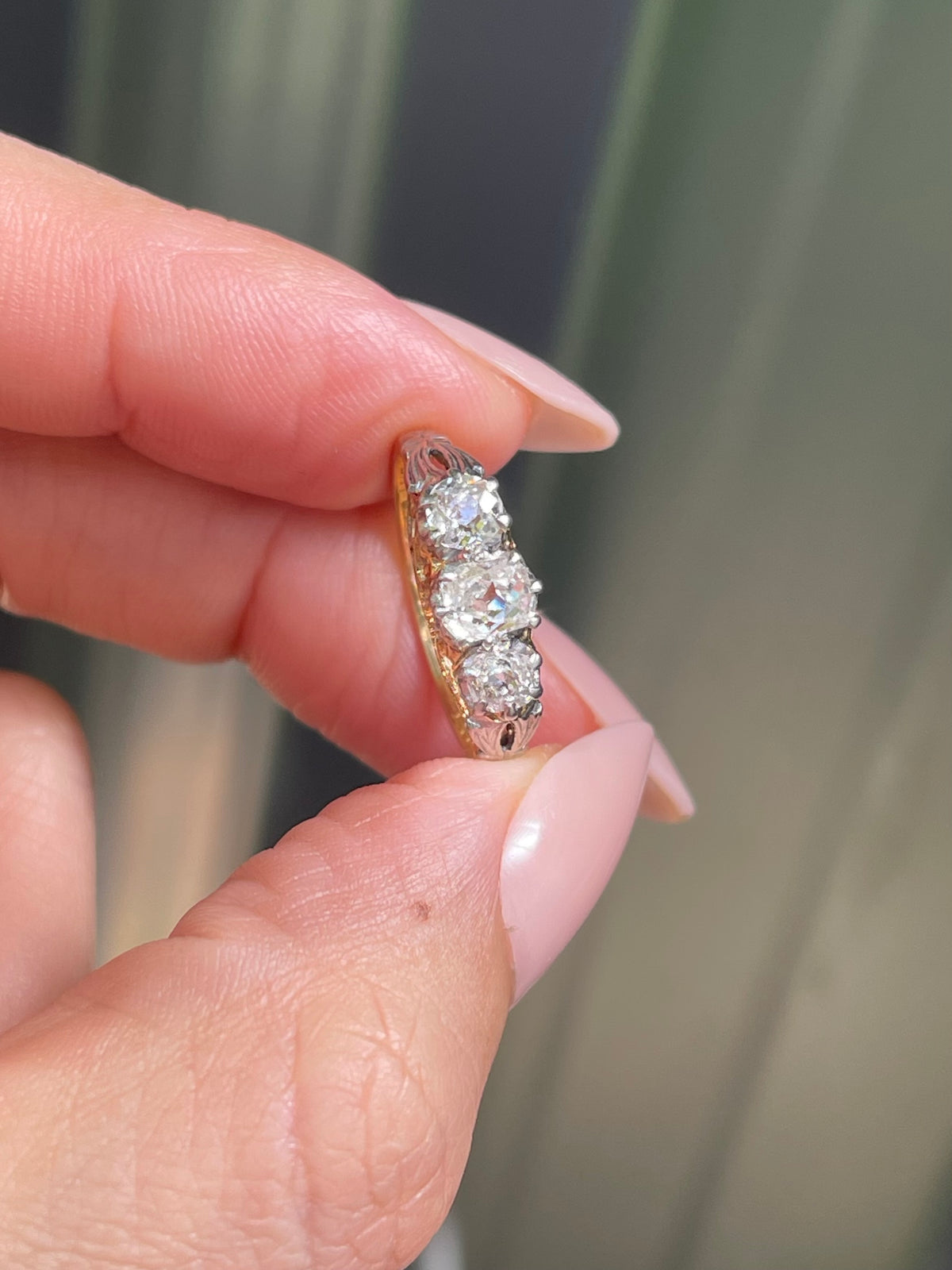 Antique 1ct Old Cut Diamond Trilogy Ring In 18ct Yellow Gold & Platinum Mount