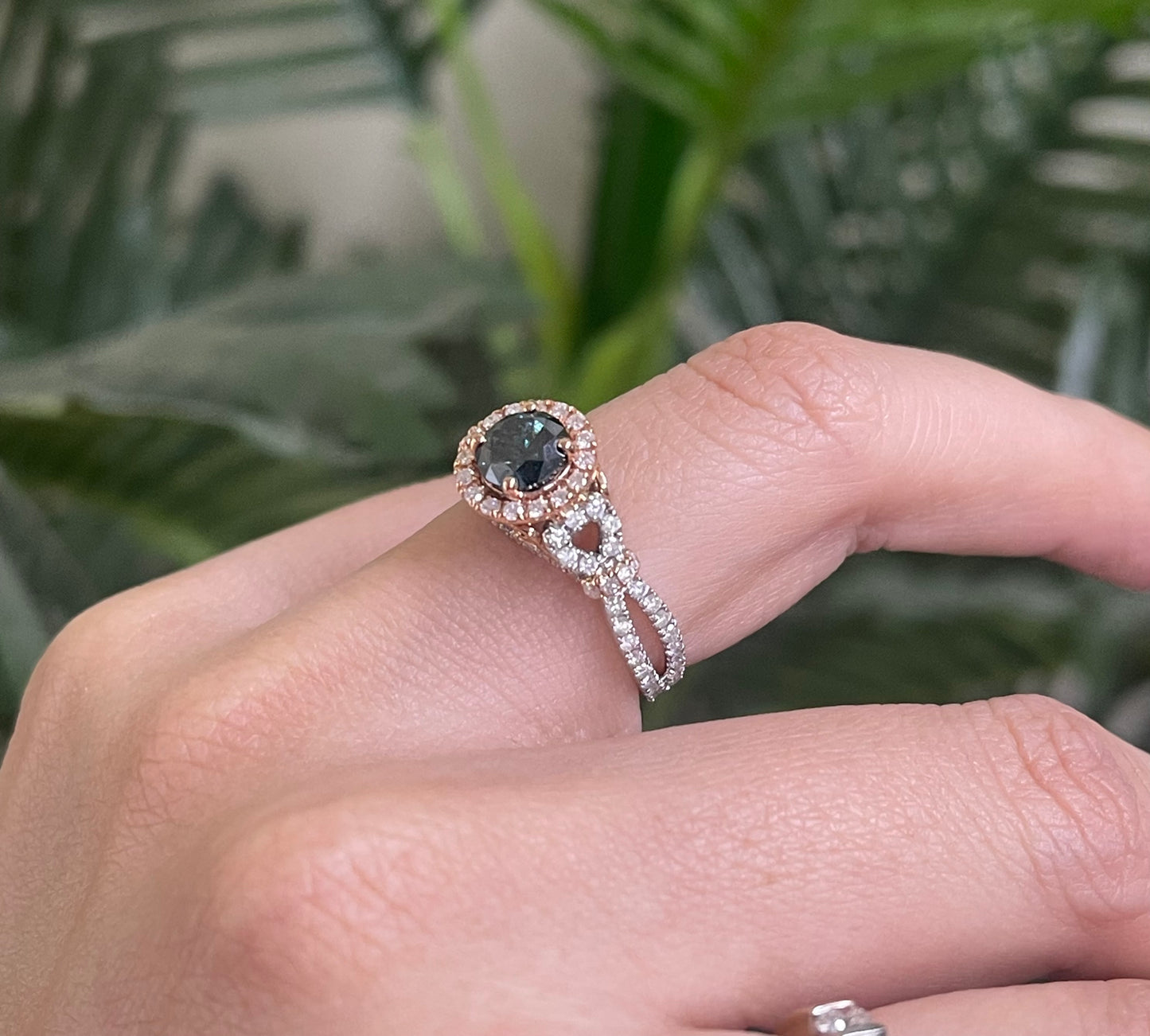 1.08ct Natural Teal Blue Diamond & 0.78ct White Diamond Ring In 14ct White & Rose Gold