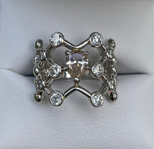 11.8grams 900 Platinum 1.63ct Natural Champagne Diamond geometric / architectural Ring