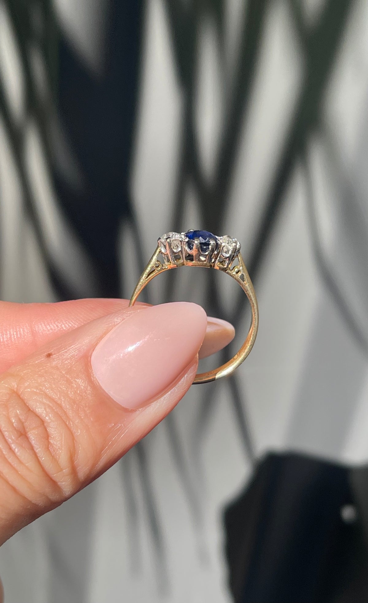 Antique Natural Ceylon Sapphire Old Cut Diamond Trilogy Ring In 18ct Yellow Gold & Platinum