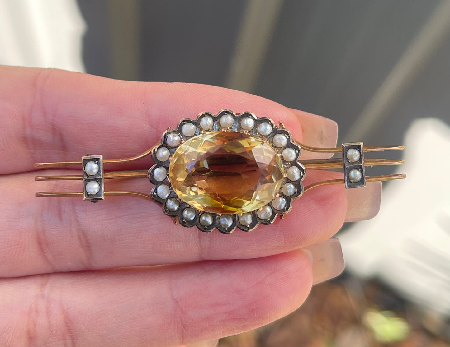 Antique Edwardian Citrine Seed Pearl Brooch In 9ct Yellow Gold
