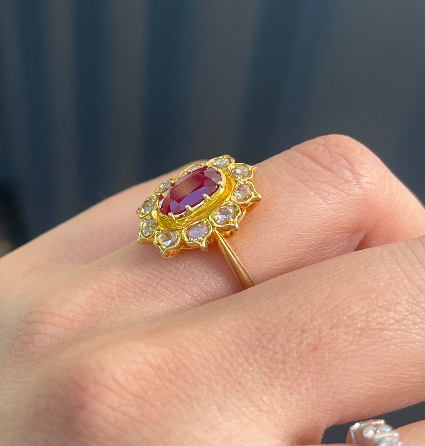 Antique style 2.5ct Ruby & Rose-Cut Diamond Cluster Ring in 14ct Yellow Gold