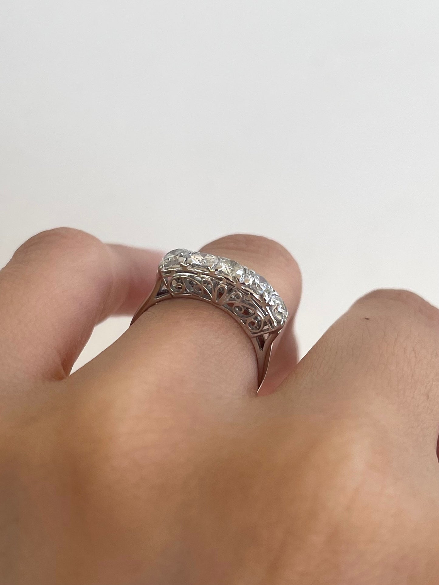 Platinum 1ct natural diamond 5 stone ring in vintage bridge filigree style