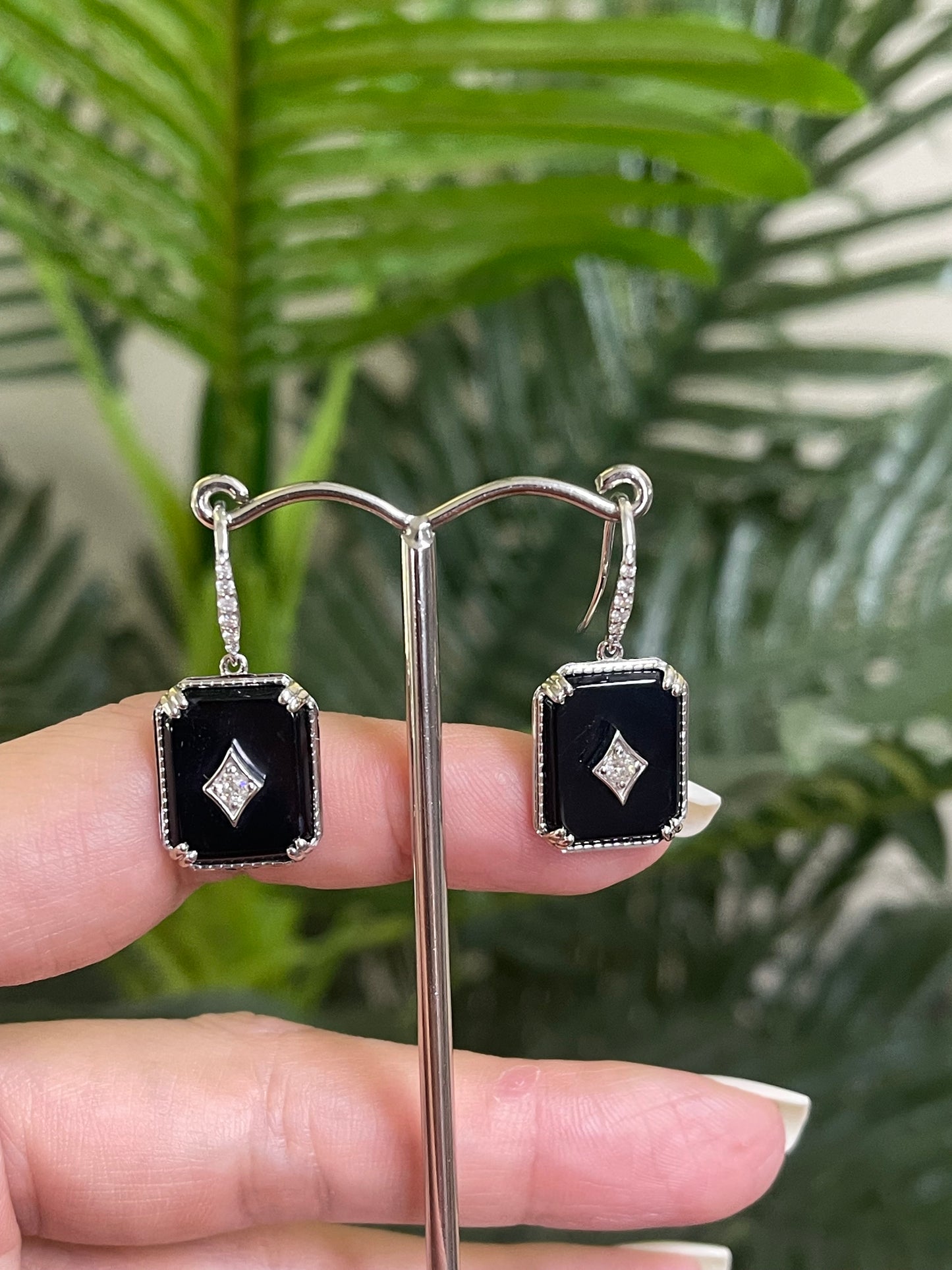Art Deco Style Black Onyx Diamond Drop Earrings In 14ct White Gold
