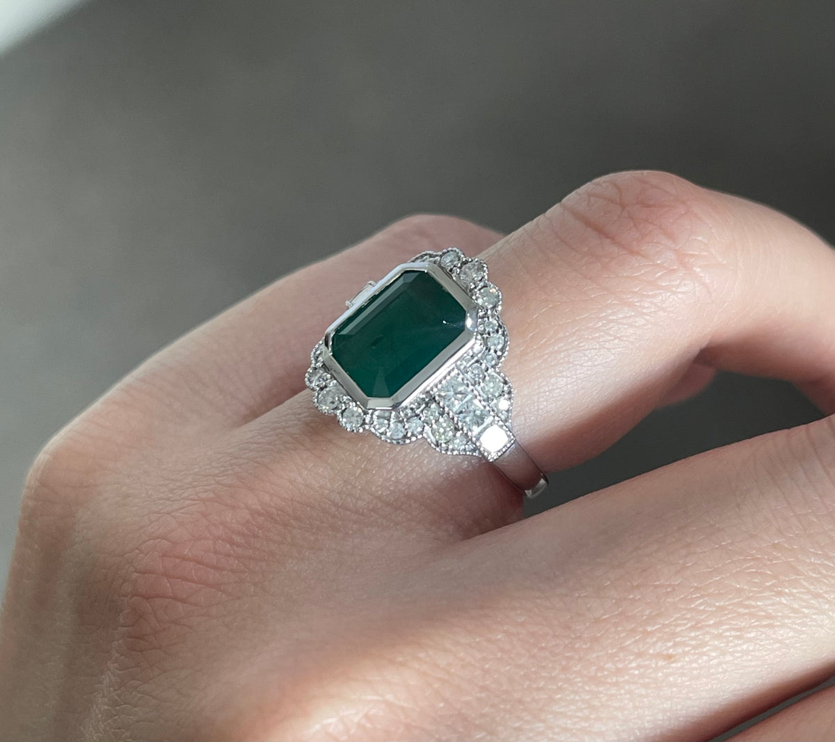 Art Deco Style Natural Emerald Diamond Ring In 14ct White Gold