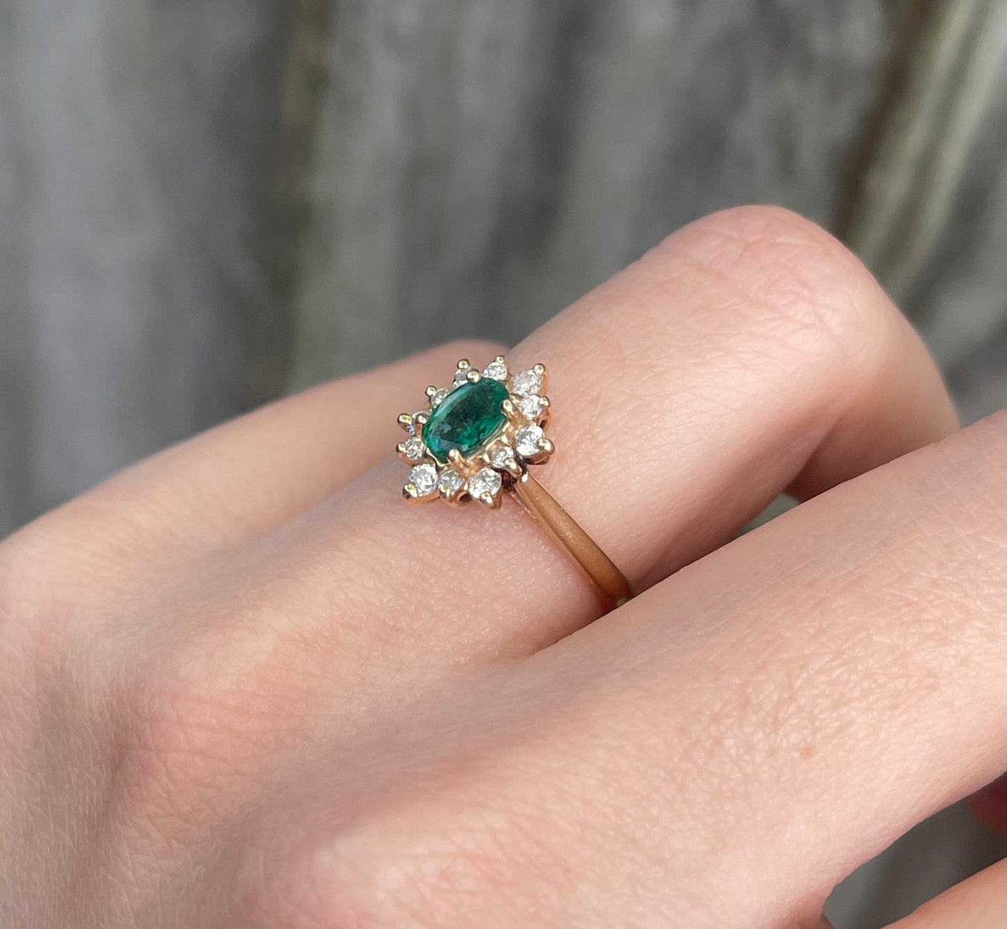 Vintage Natural Emerald Diamond Halo Ring in 14ct Yellow Gold