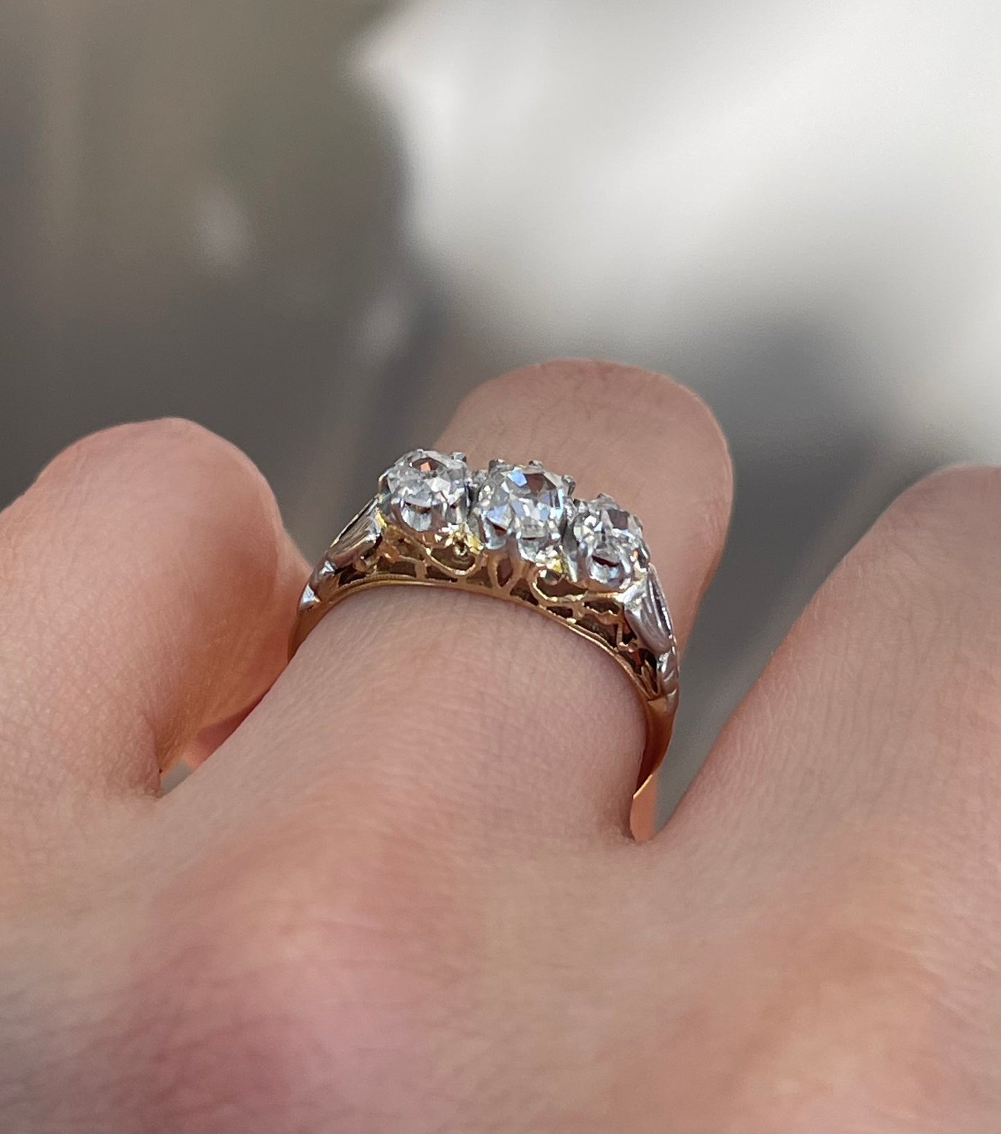 Antique 1ct Old Cut Diamond Trilogy Ring In 18ct Yellow Gold & Platinum Mount