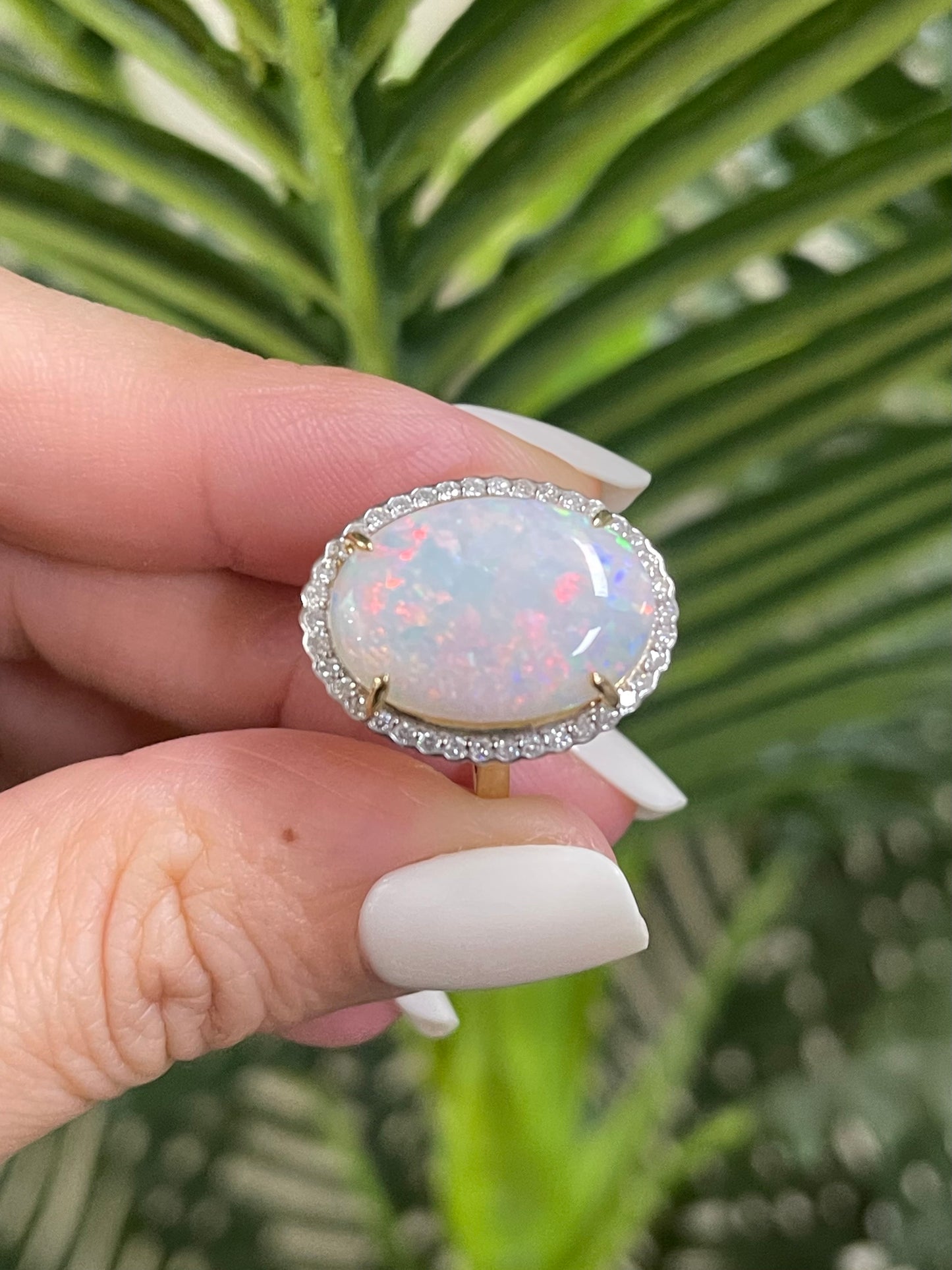 5.96ctNatural Solid Australian Andamooka Opal & Diamond Halo Ring In 14ct Yellow Gold