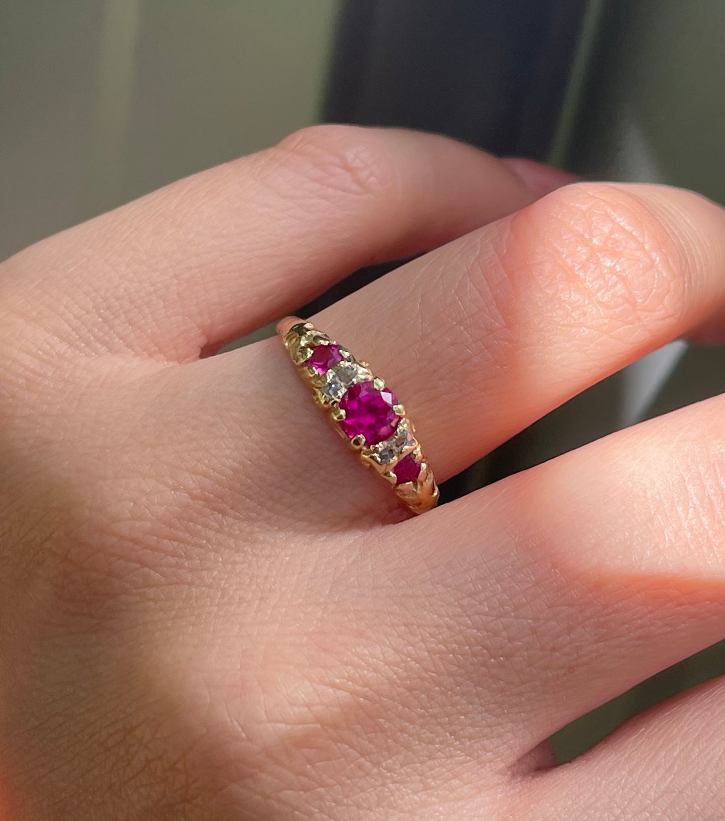 Vintage Handmade Pink Ruby & Antique Rose Cut Diamond Ring in 18ct Yellow Gold