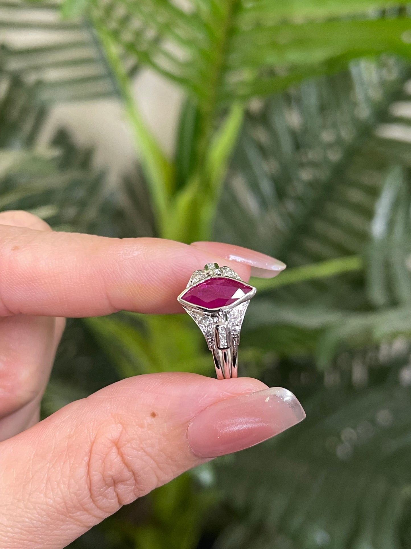 Art Deco Style 1.6ct Natural Marquise cut Ruby & Diamond Ring