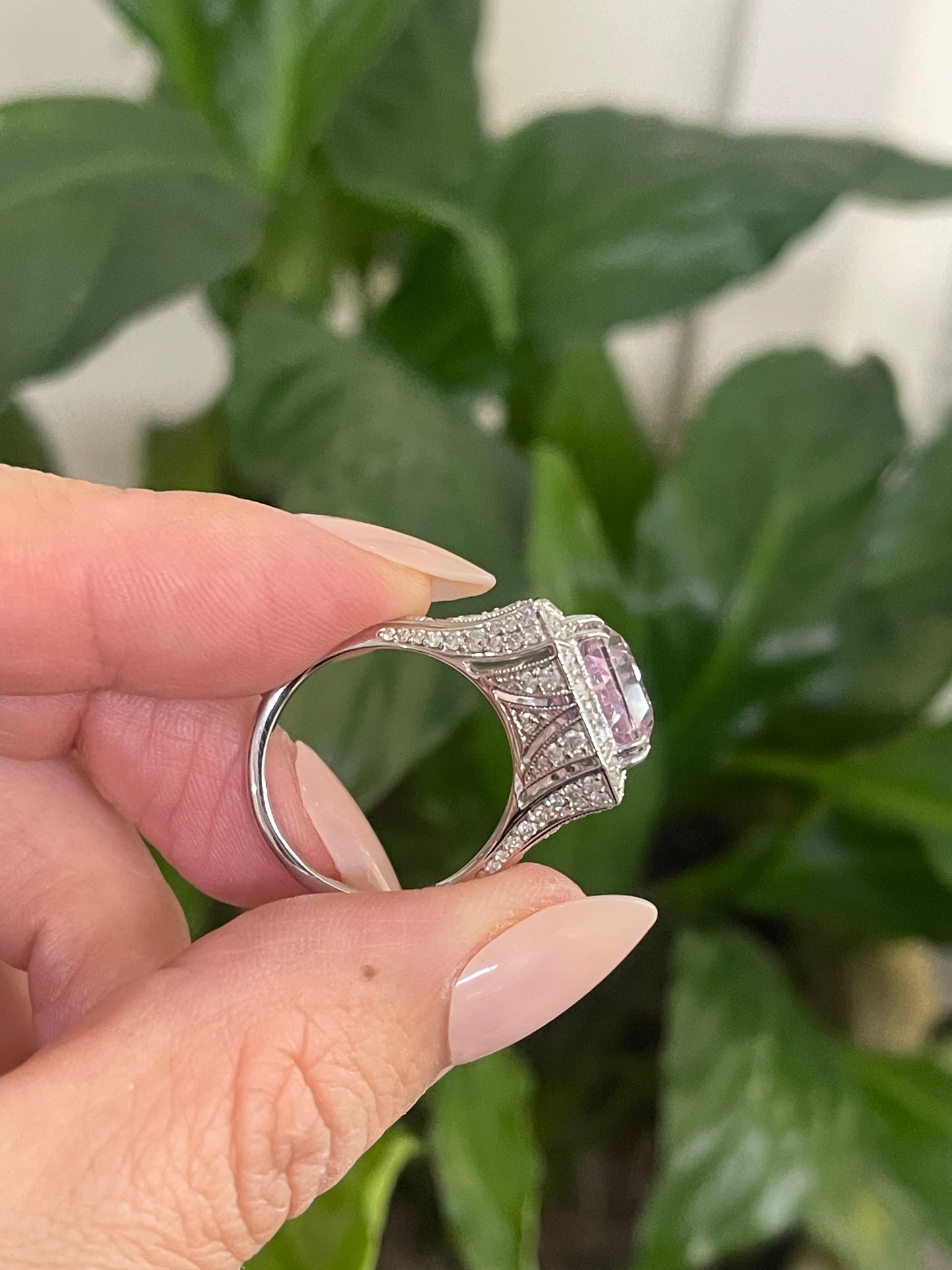 Art Deco Style 7.71ct Natural Kunzanite 1.25ct Natural Diamond Ring In 14ct White Gold