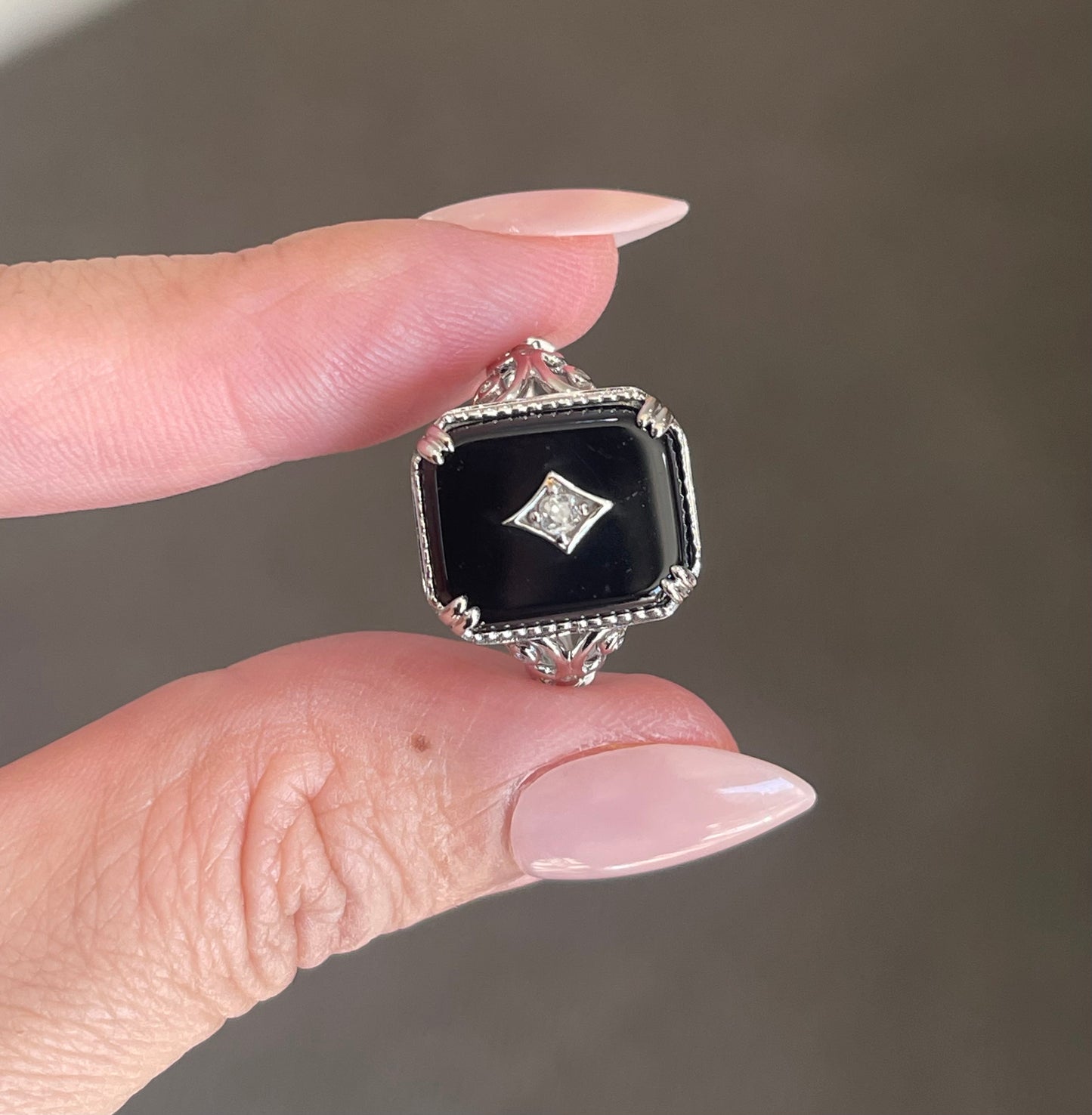 Art Deco Style Onyx & Old Cut Diamond Ring In 14ct White Gold
