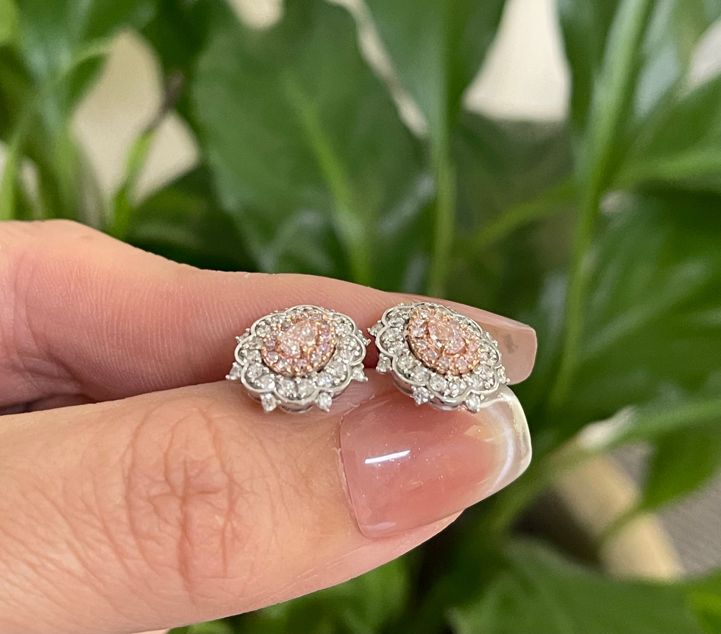 Natural Light Fancy Pink Diamond Stud Earrings In 14ct White Gold