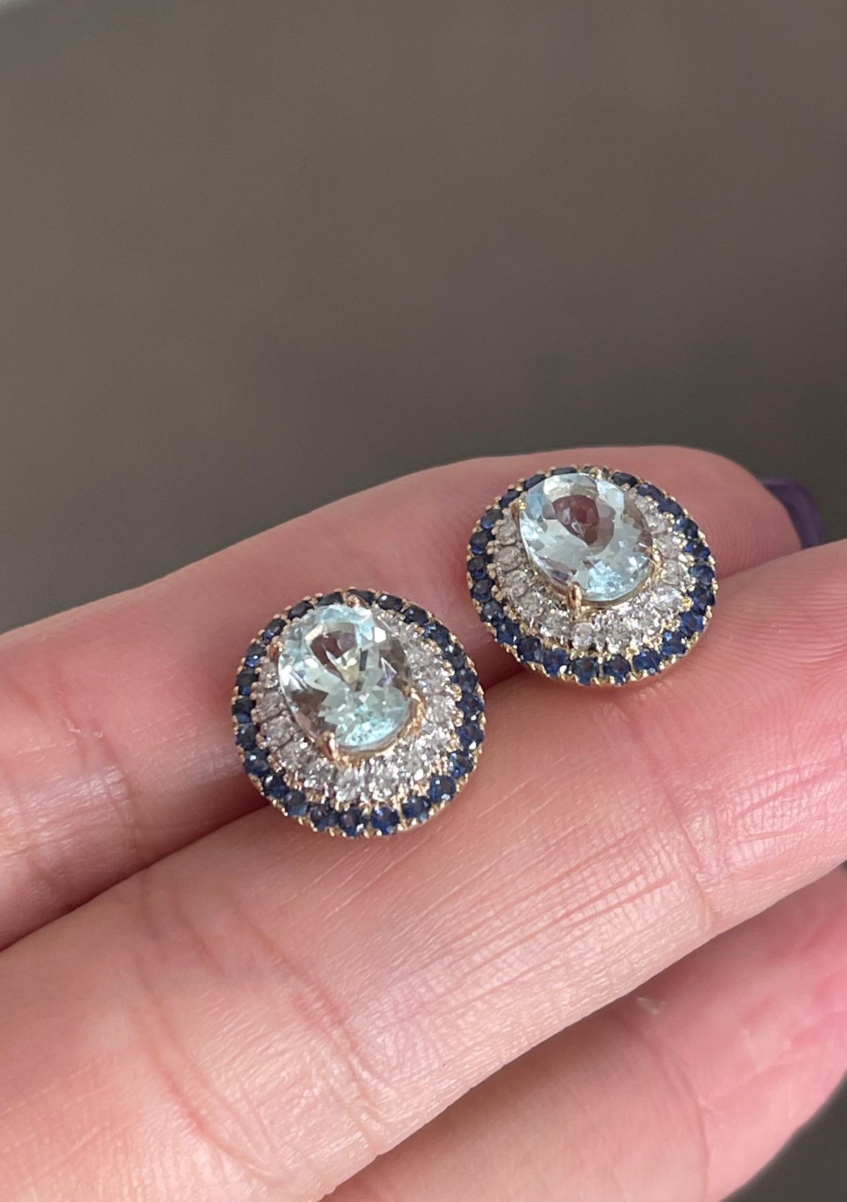 Timeless Natural Aquamarine Blue Sapphire Diamond Halo Earring In 14ct Yellow Gold