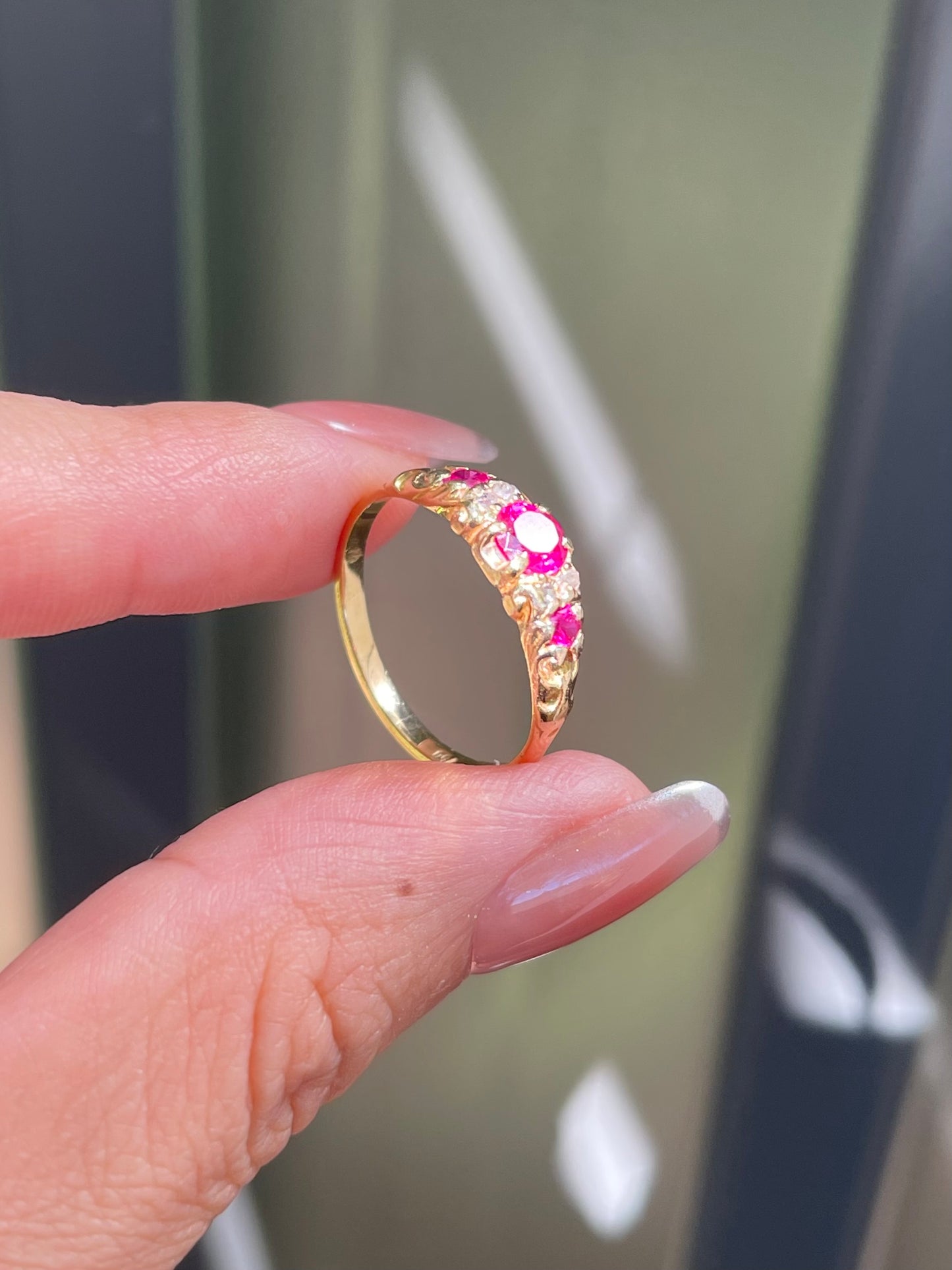 Vintage Handmade Pink Ruby & Antique Rose Cut Diamond Ring in 18ct Yellow Gold