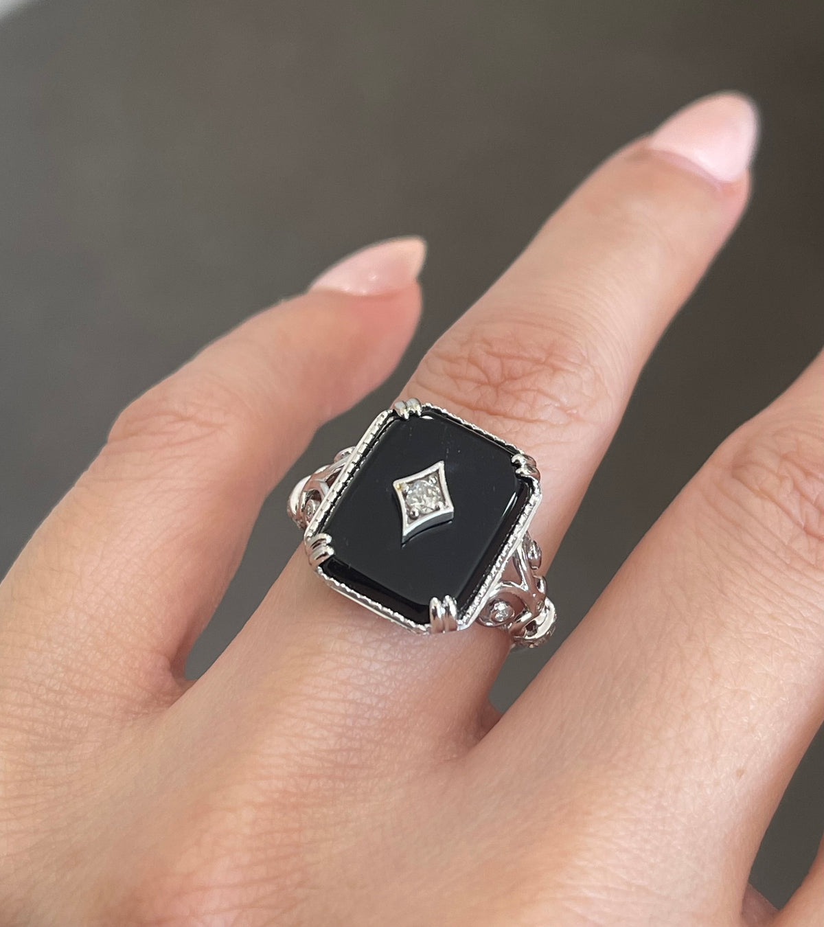 Art Deco Style Onyx & Old Cut Diamond Ring In 14ct White Gold