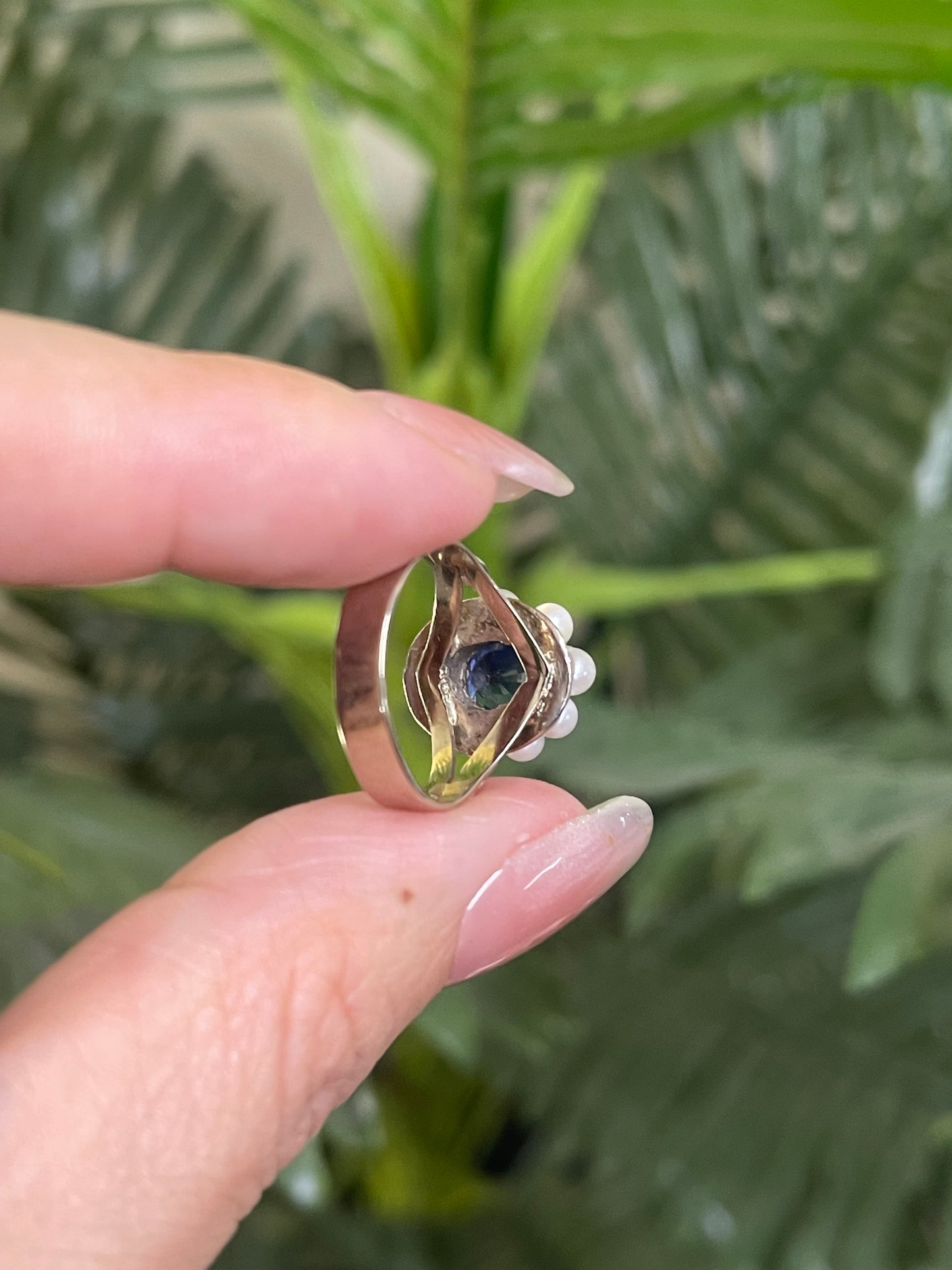Vintage 2.21ct Natural Ceylon Sapphire & Natural Pearl Halo Ring In 18ct White Gold