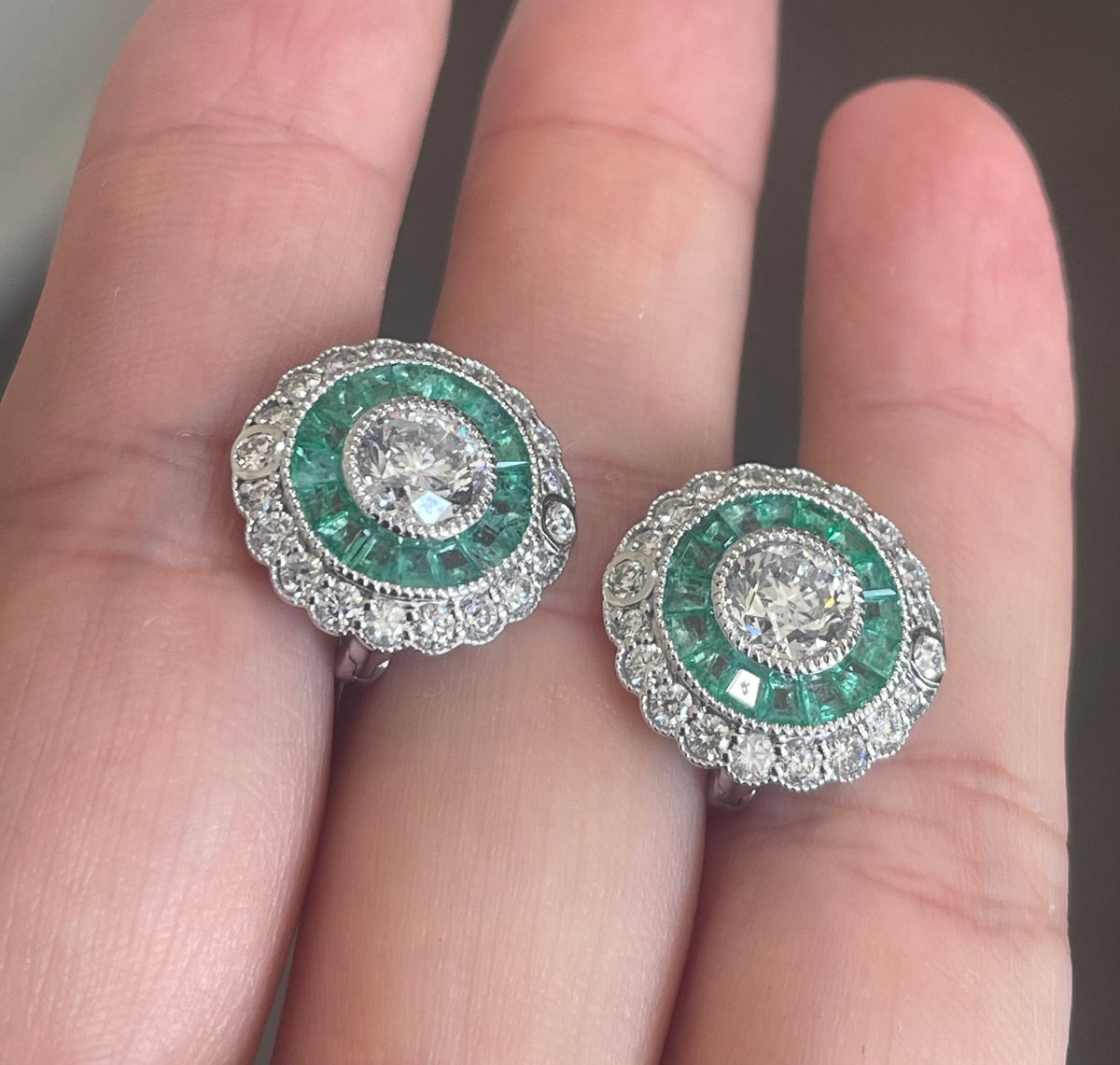 Art Deco Style Natural Diamond Emerald Earrings In 14ct White Gold
