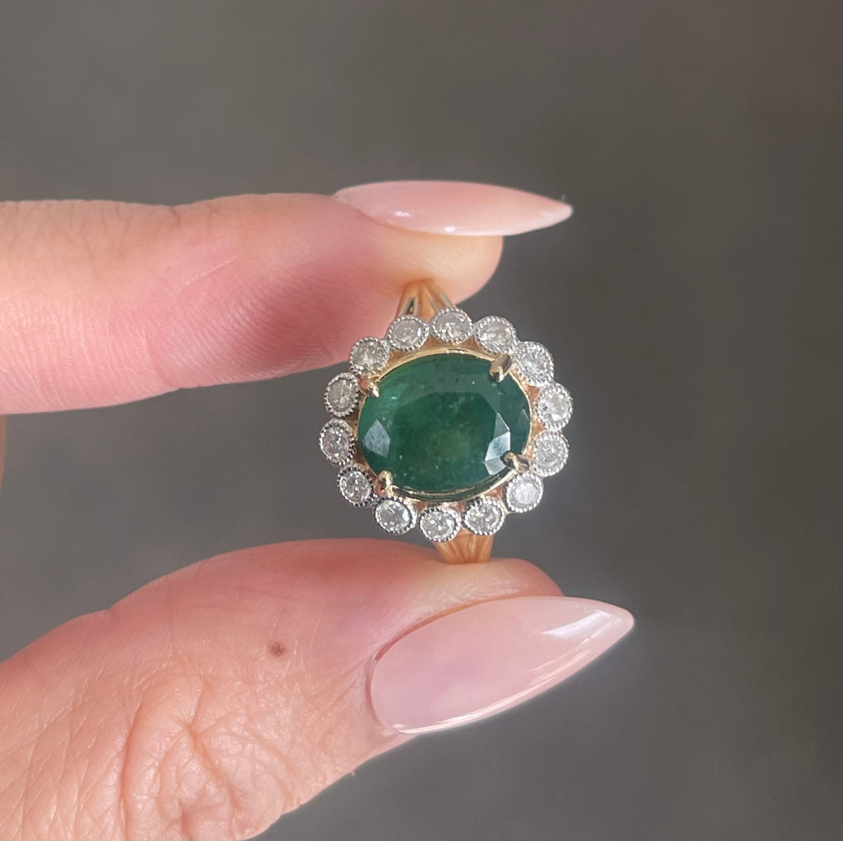 Natural Emerald Diamond Halo Ring In 14ct Yellow Gold
