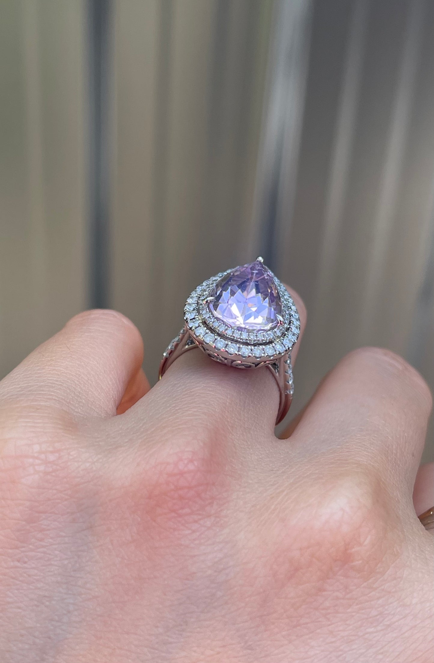 14ct white gold natural pear shaped Kunzite diamond halo ring