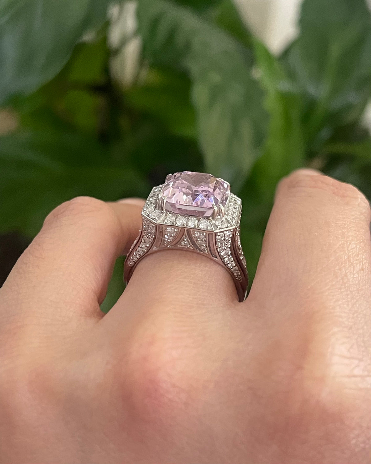 Art Deco Style 7.71ct Natural Kunzanite 1.25ct Natural Diamond Ring In 14ct White Gold