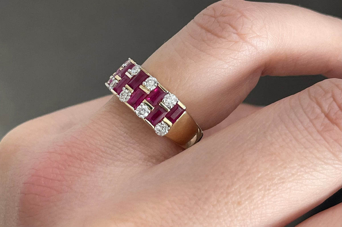 Natural Ruby Diamond Geometric Ring In 14ct Yellow Gold