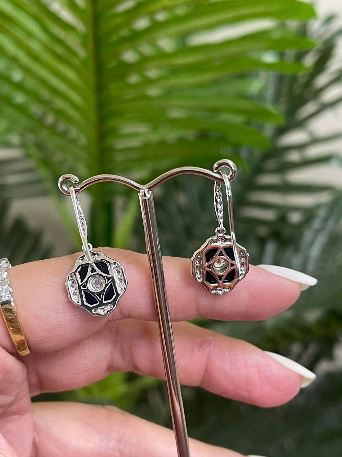 Art Deco Style Natural Onyx & Diamond Drop Earrings In 14ct White Gold
