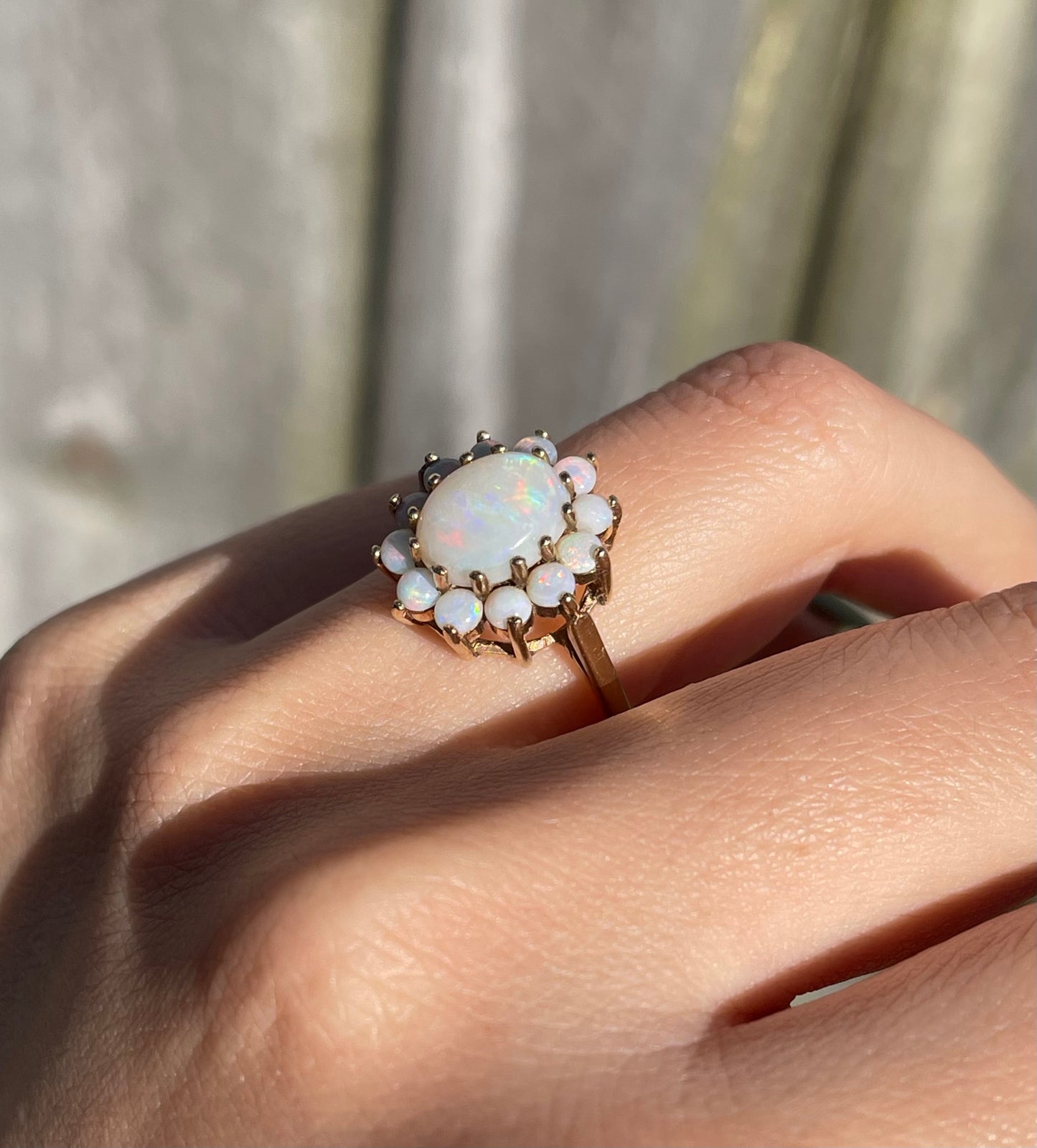 Vintage 1971 UK OriginNatural Solid Opal Cluster Ring In 9ct Yellow Gold