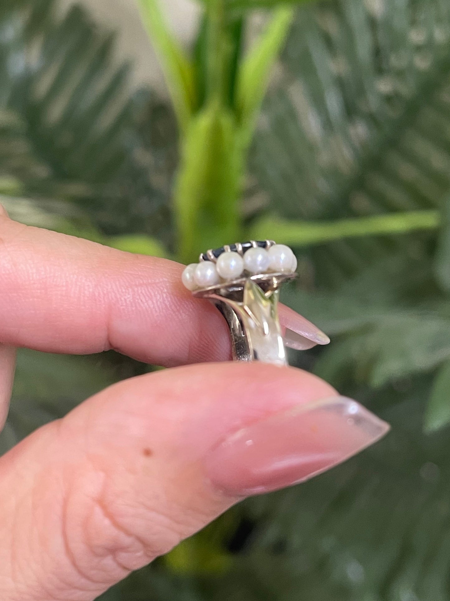 Vintage 2.21ct Natural Ceylon Sapphire & Natural Pearl Halo Ring In 18ct White Gold