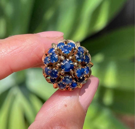 Vintage Triple Halo Natural Blue Sapphire Cluster Ring in 10ct Yellow Gold