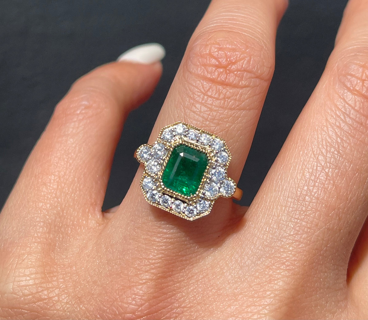 Natural Emerald Diamond Ring In 14ct Yellow Gold - Art Deco Style