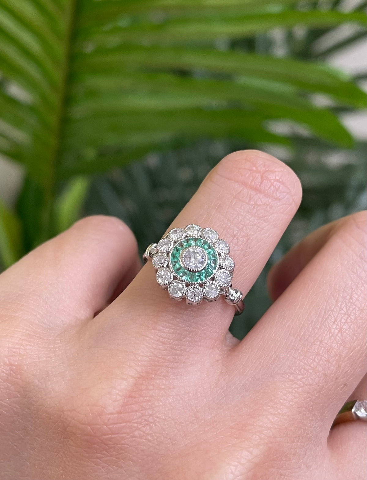 Art Deco Inspired Natural Diamond & Emerald Ring In 14ct White Gold