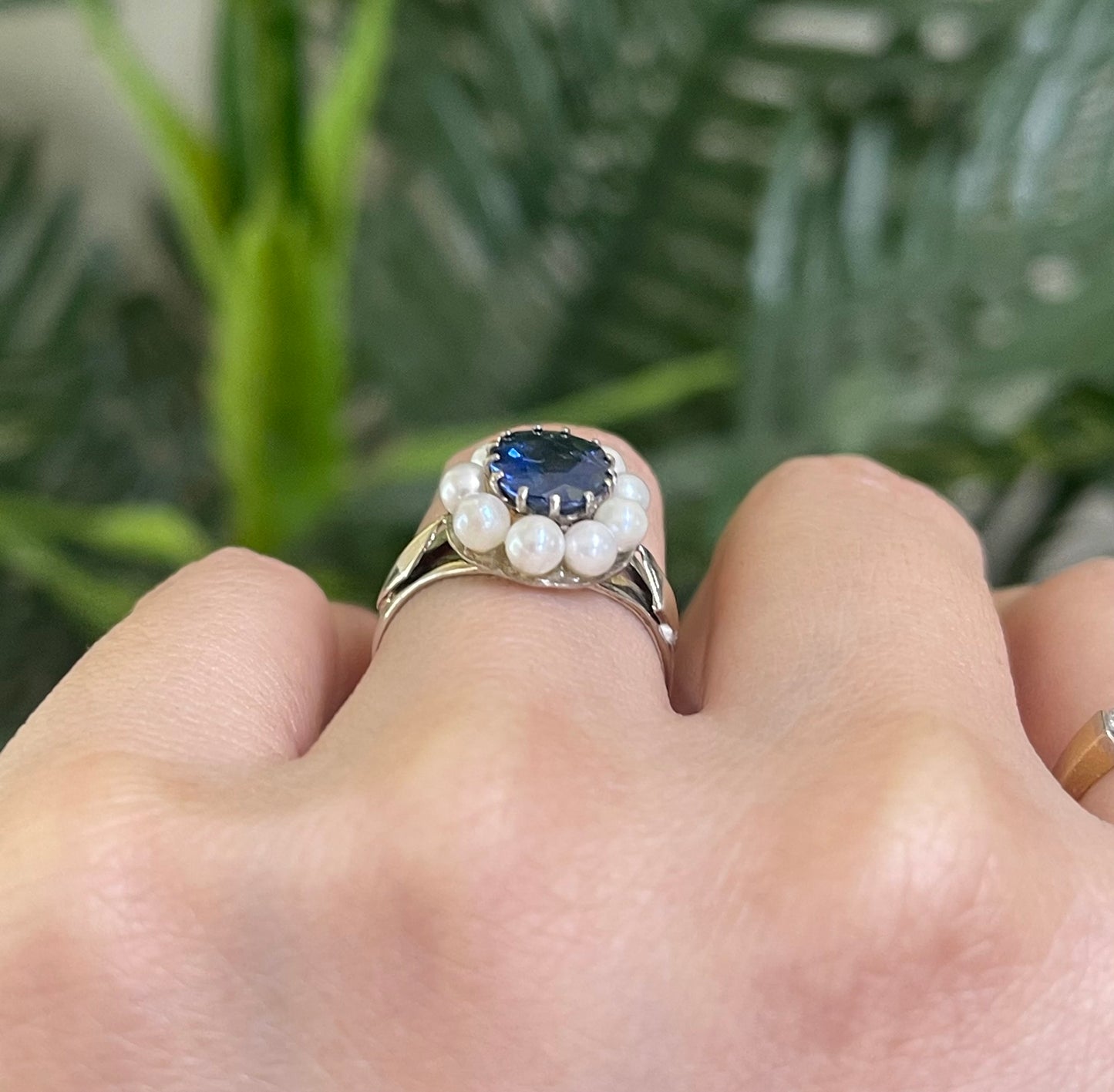 Vintage 2.21ct Natural Ceylon Sapphire & Natural Pearl Halo Ring In 18ct White Gold