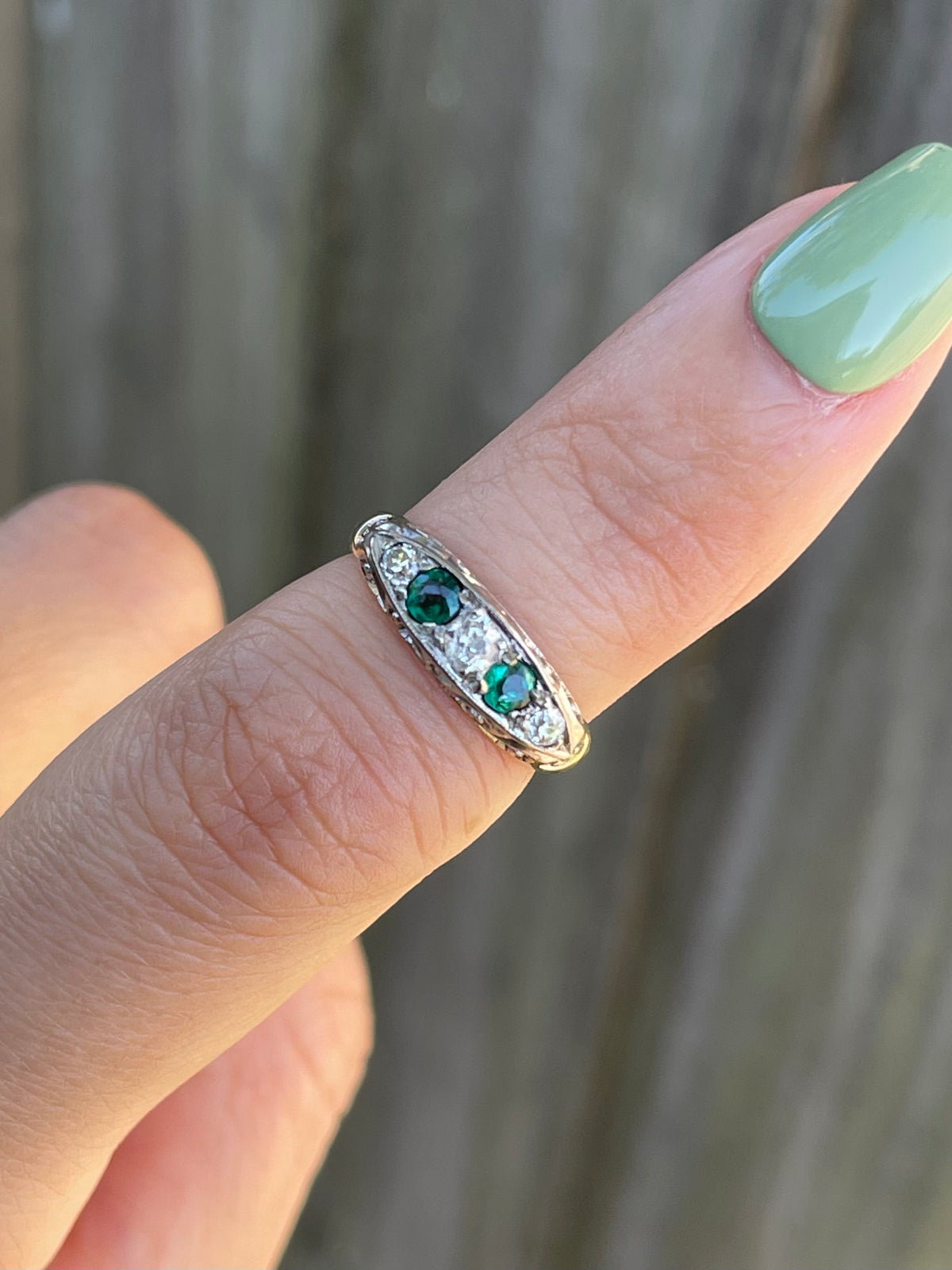 UK Antique Natural Emerald & Old Cut Diamond Ring In 18ct Yellow Gold