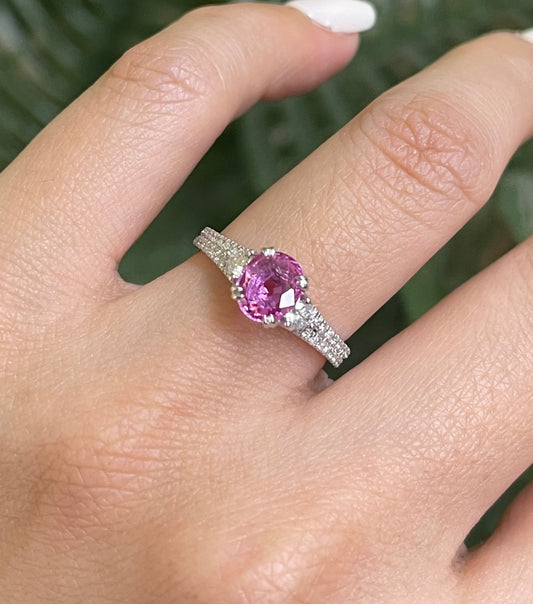 Natural Pink Sapphire Diamond Ring In 14ct White Gold