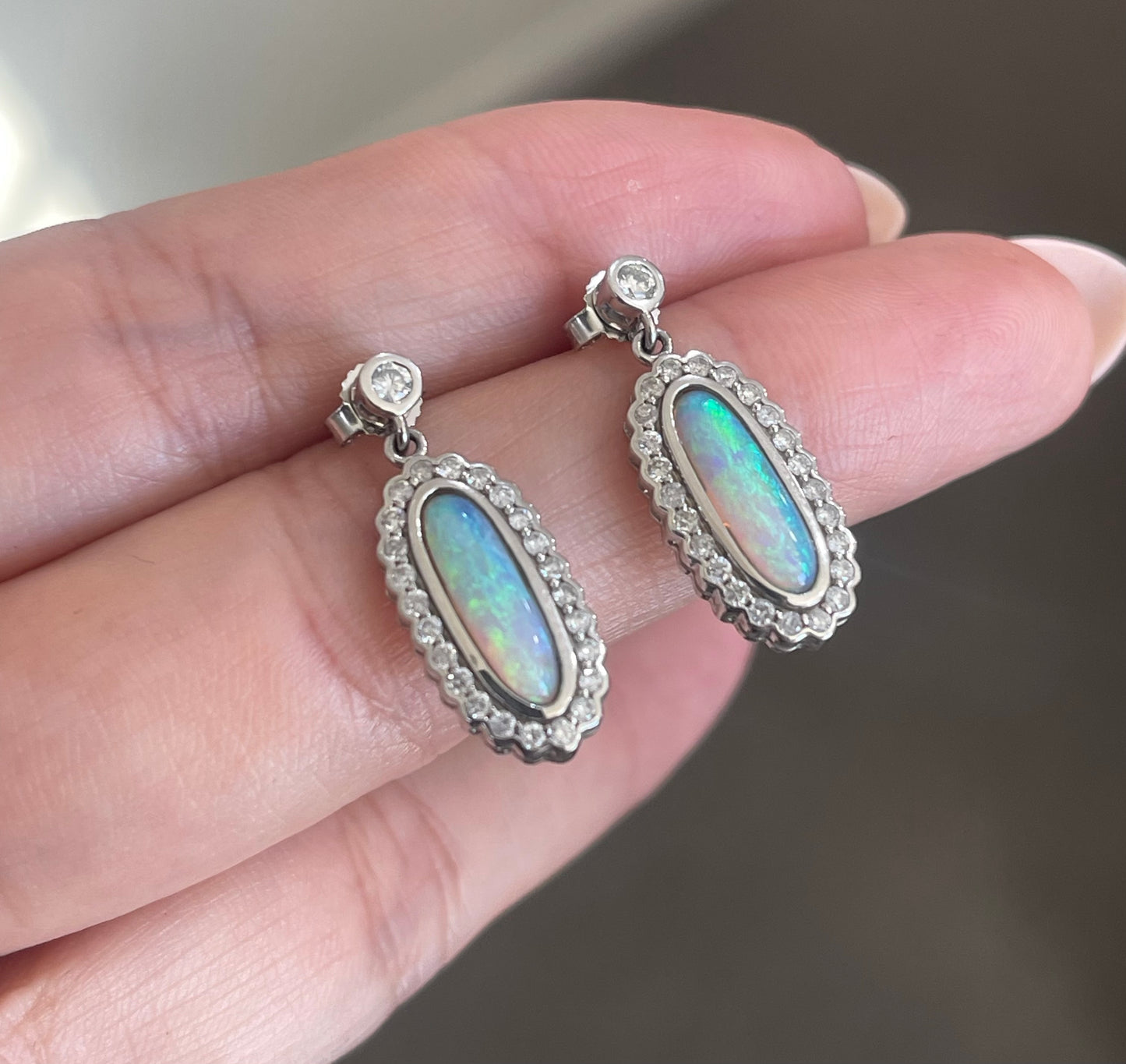 Natural Solid Coober Pedy Opal Diamond Earrings In 14ct White Gold