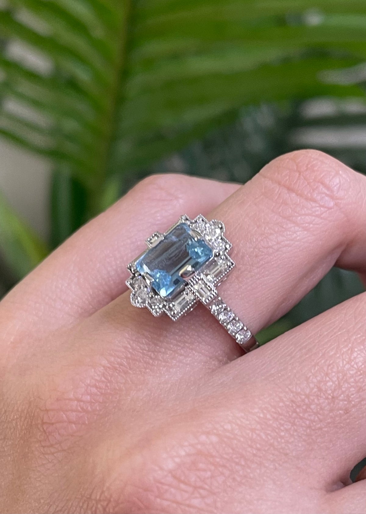 Art Deco Style 1.96ct Natural Aquamarine & Diamond Ring In 14ct White Gold