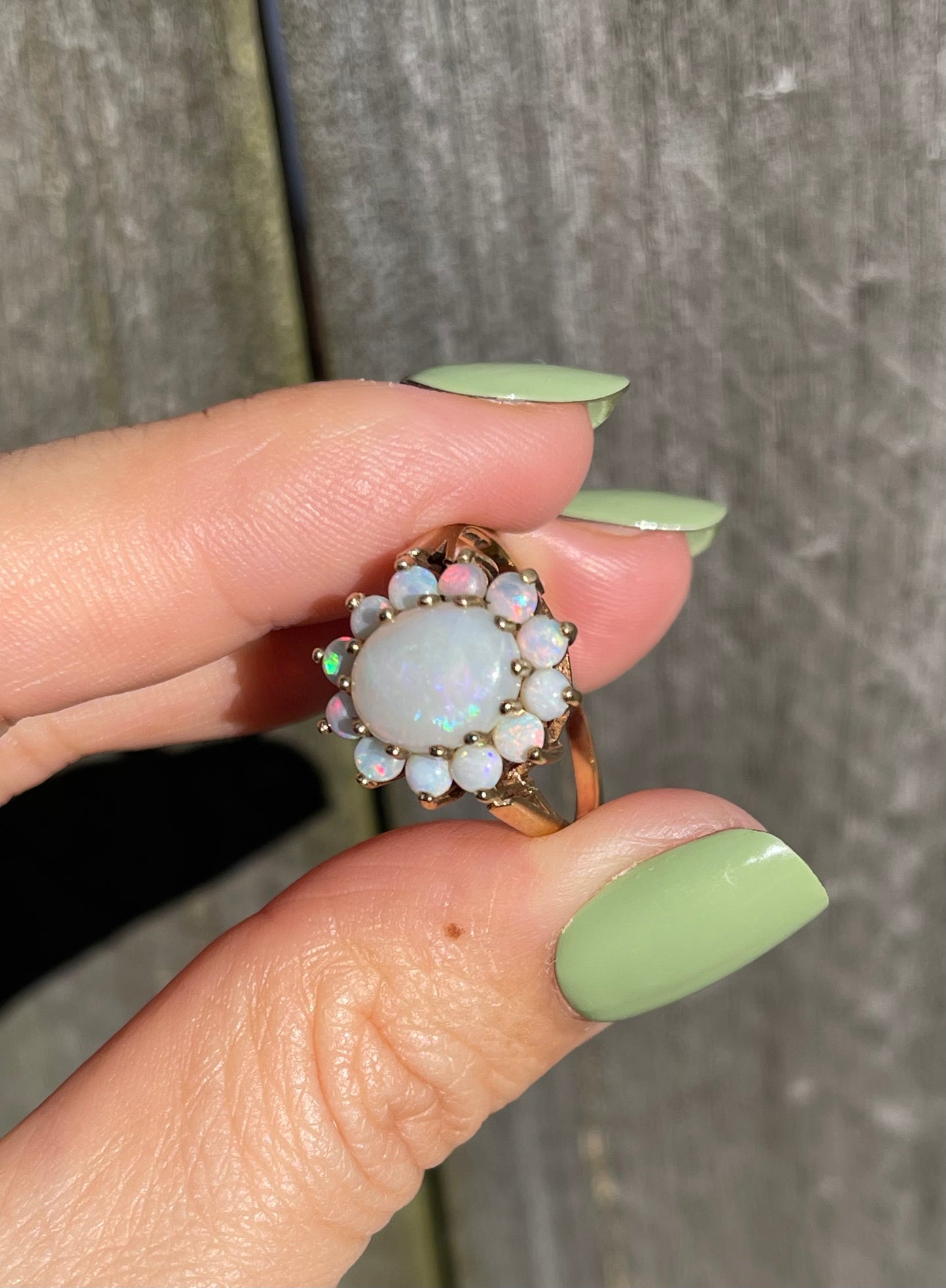 Vintage 1971 UK OriginNatural Solid Opal Cluster Ring In 9ct Yellow Gold