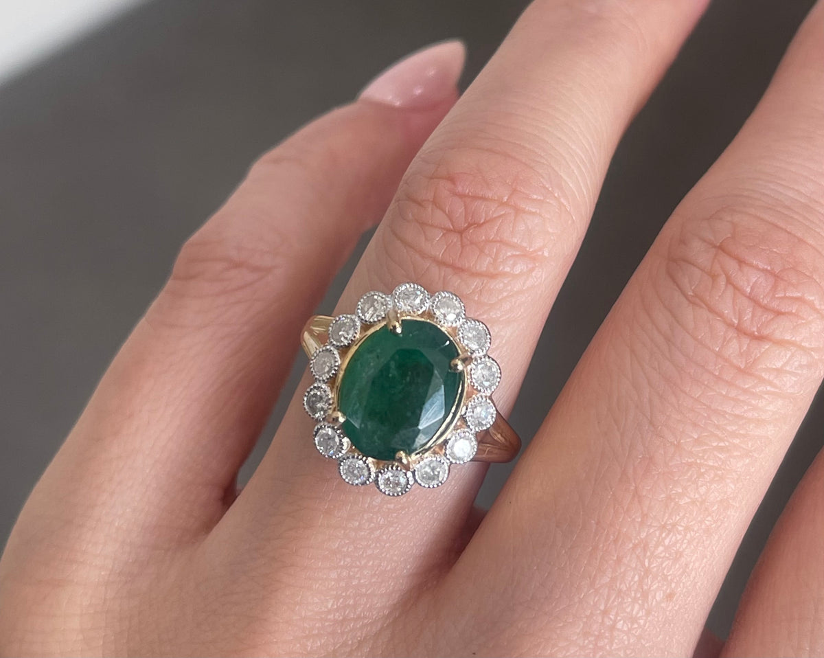 Natural Emerald Diamond Halo Ring In 14ct Yellow Gold