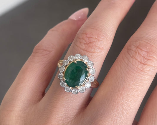 Natural Emerald Diamond Halo Ring In 14ct Yellow Gold