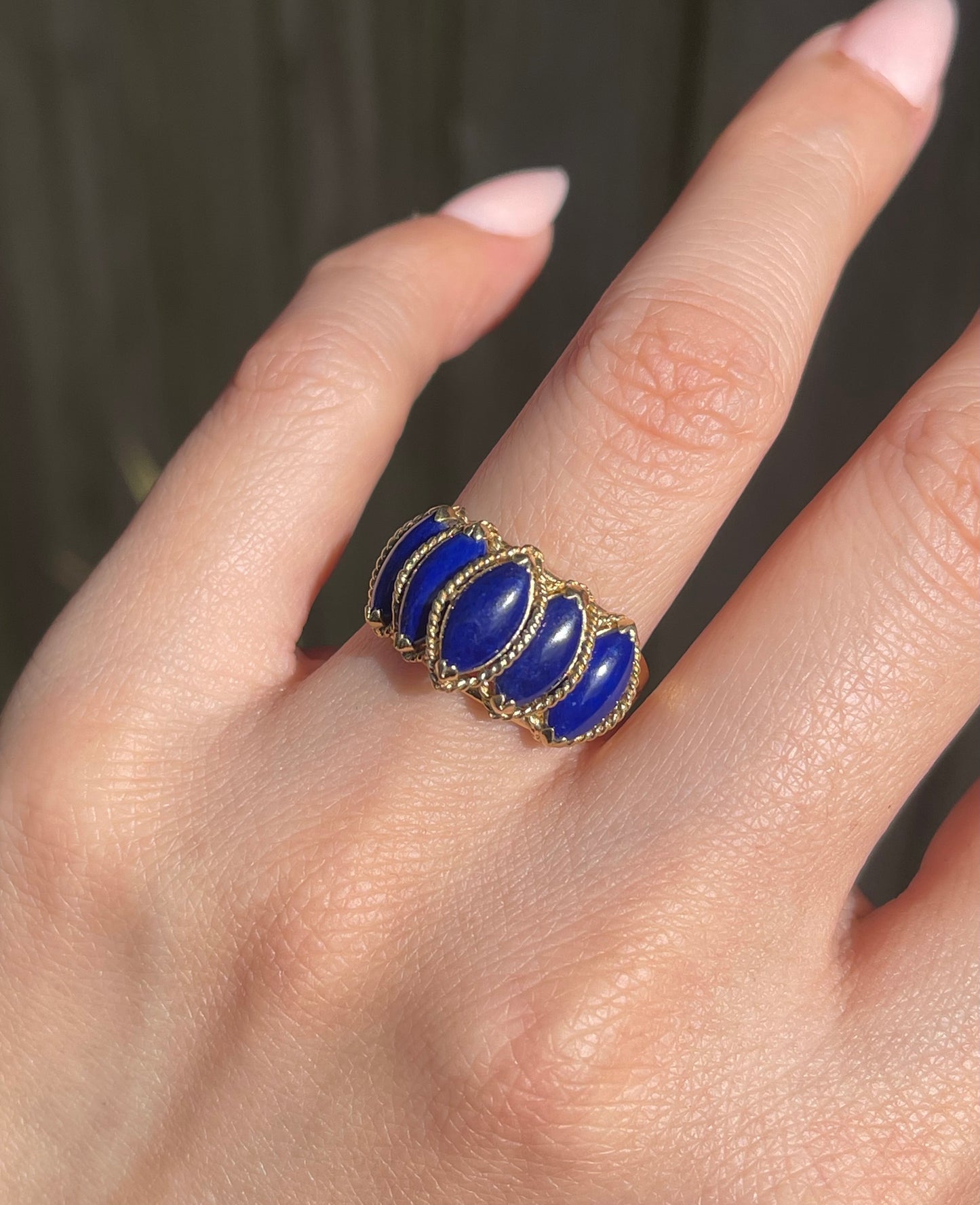 Vintage 5 Stone Marquise Cut Lapis Ring In 14ct Yellow Gold