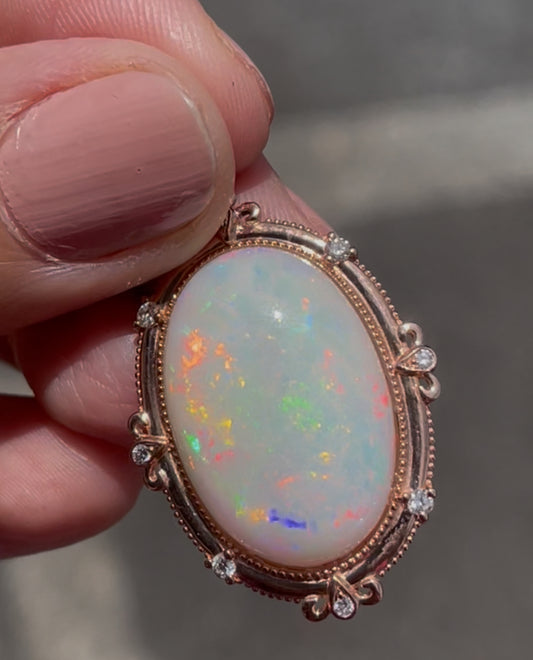 S.E. Custom Bespoke 9ct rose gold 16ct natural opal pendant with diamonds