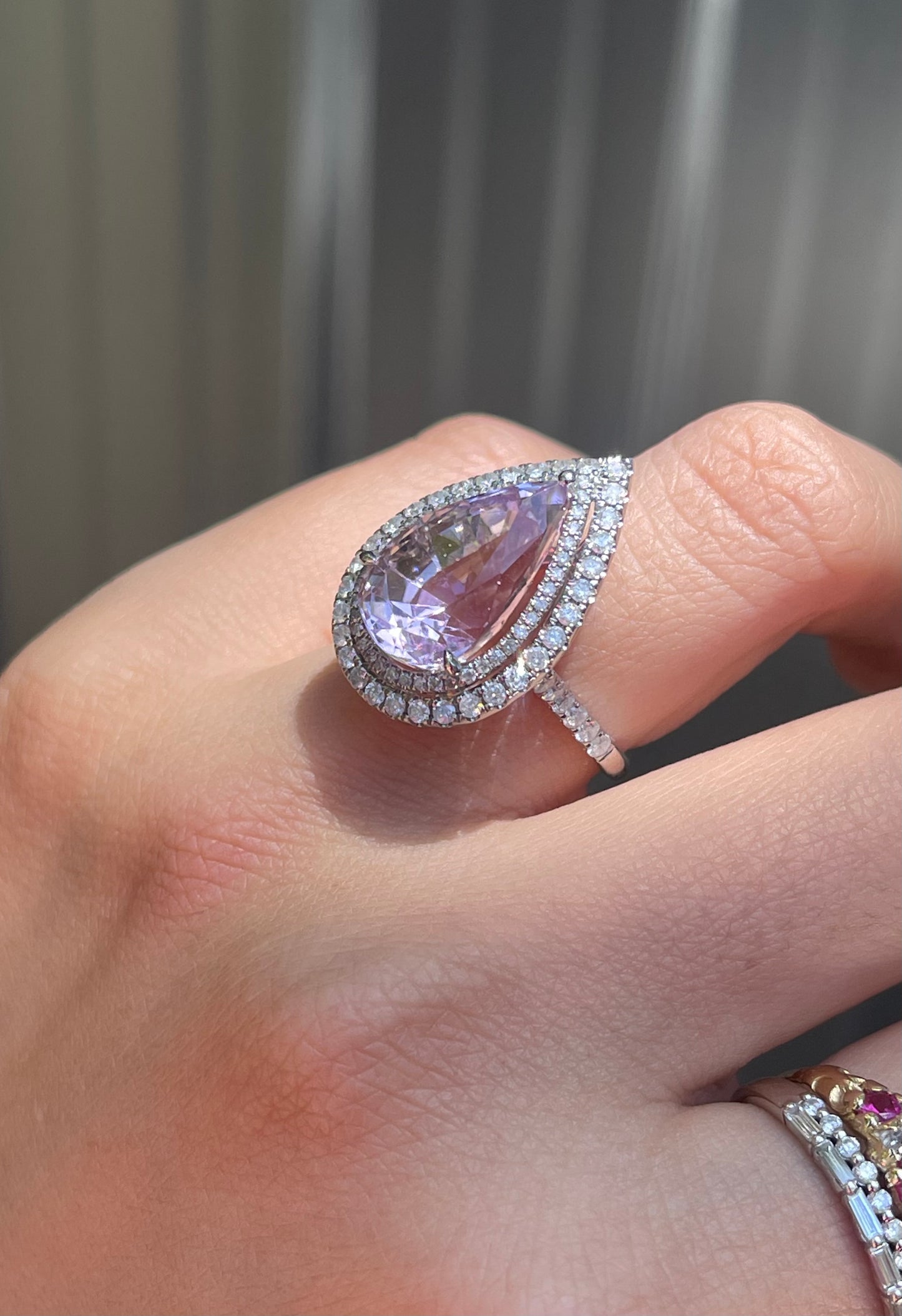 14ct white gold natural pear shaped Kunzite diamond halo ring