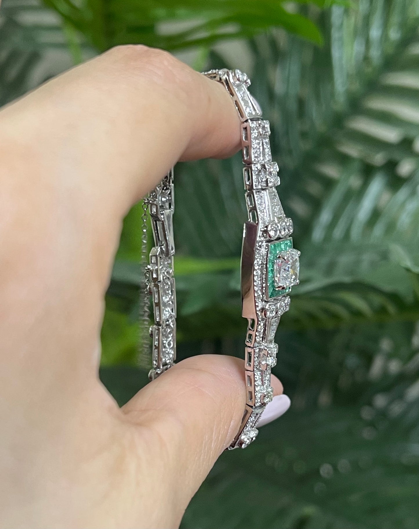 One Of A Kind Antique Conversion 4.5ct Natural Mix Cut Diamond & Emerald Bracelet In 950 Platinum