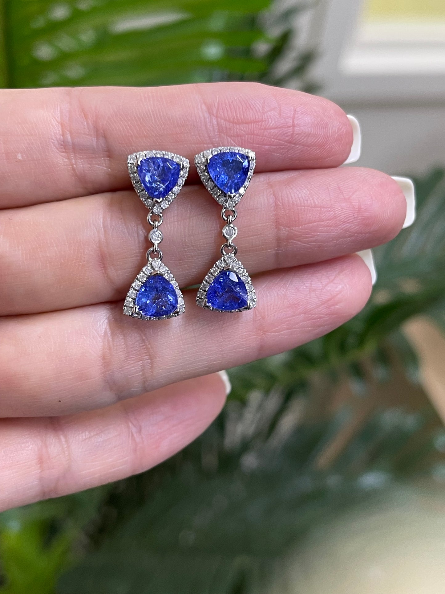 Stunning Tanzanite Diamond Drop Earrings In 14ct White Gold