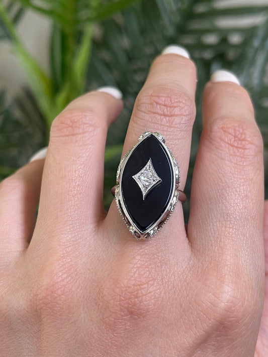 Art Deco Onyx & Diamond Cocktail Ring In 14ct White Gold