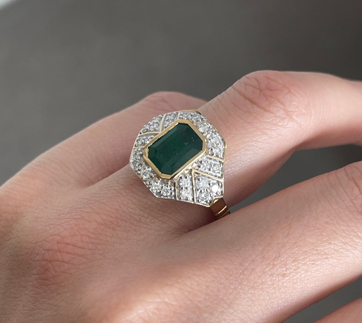 Art Deco Style Natural Emerald Diamond Ring In 14ct Yellow Gold