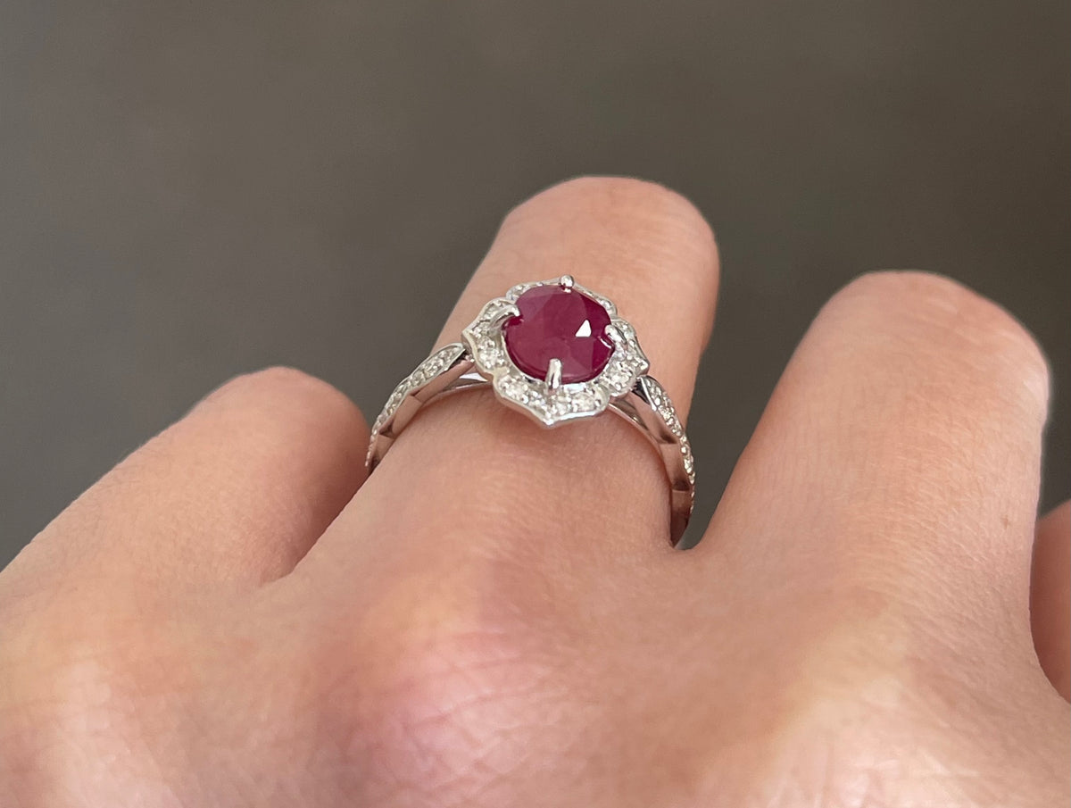 Art Deco Inspired Natural Ruby Diamond Ring In 14ct White Gold