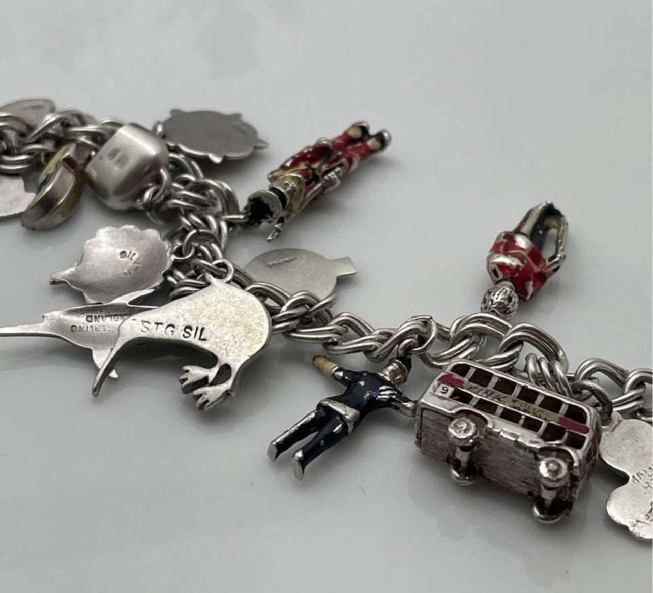 42g vintage sterling silver doubel curb link enamel charm bracelets