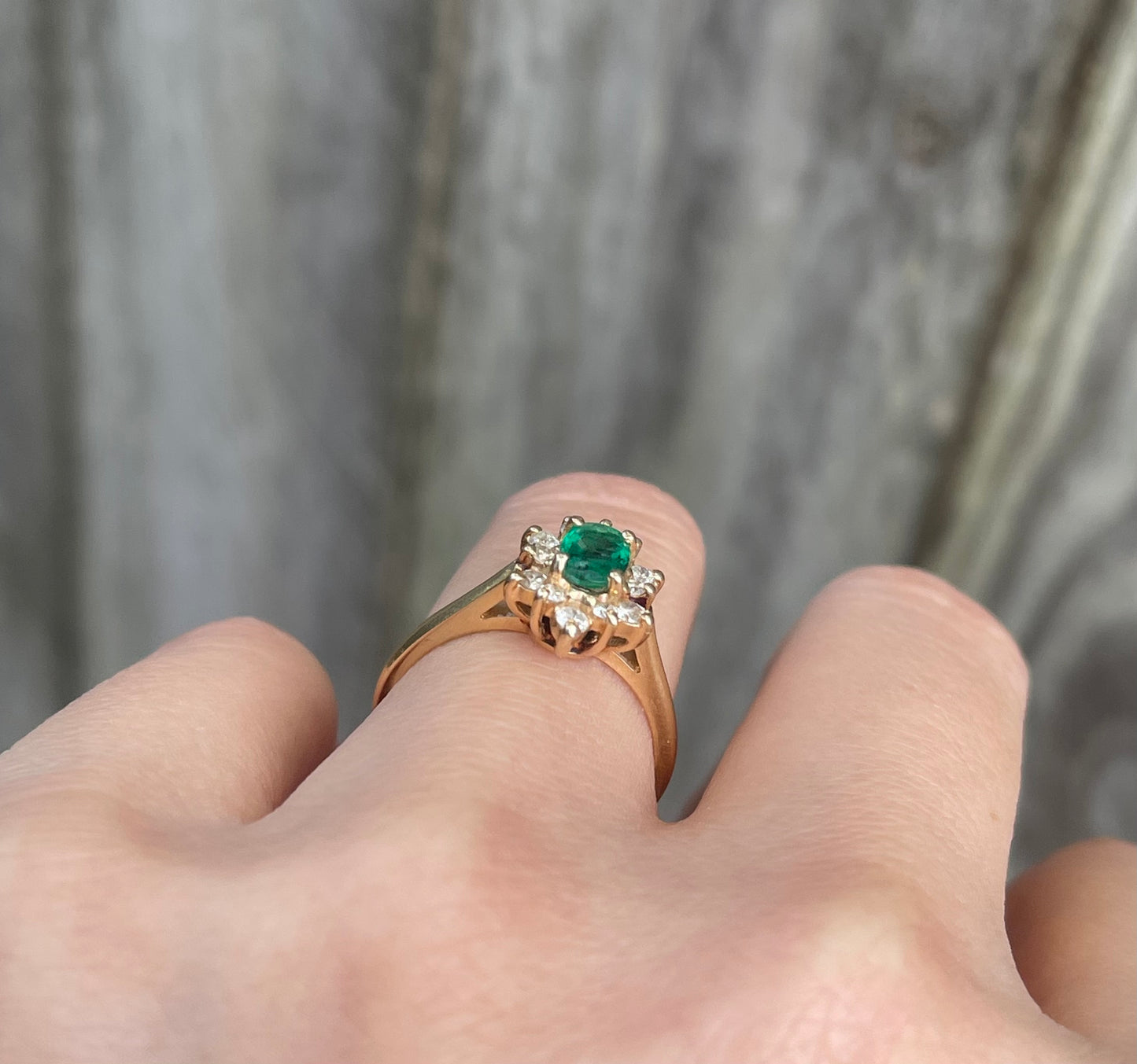 Vintage Natural Emerald Diamond Halo Ring in 14ct Yellow Gold